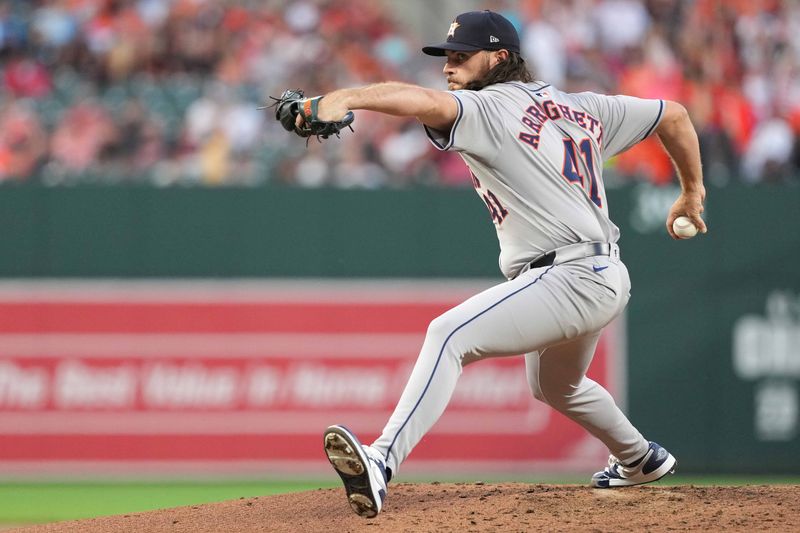 Aug 22, 2024; Baltimore, Maryland, USA; Houston Astros pitcher Spencer Arrighetti (41) throws a pitch in the second inning against the Baltimore Orioles at Oriole Park at Camden Yards. Mandatory Credit: Mitch Stringer-USA TODAY Sports