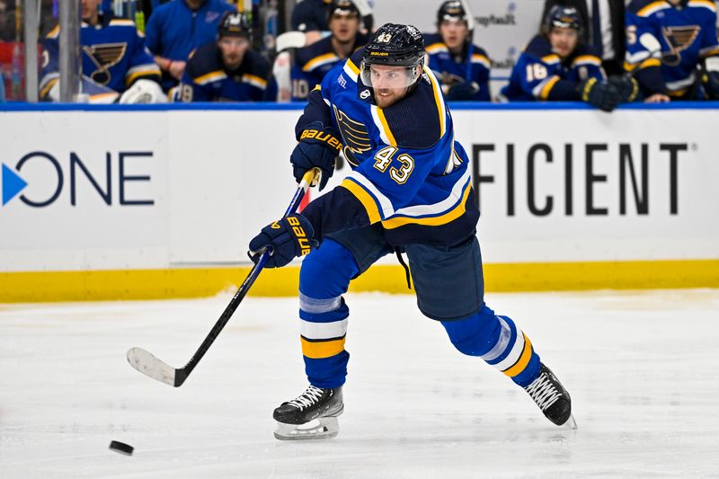 Feb 19, 2024; St. Louis, Missouri, USA;  St. Louis Blues defenseman Calle Rosen (43) shoots against the Toronto Maple Leafs during the second period at Enterprise Center. Mandatory Credit: Jeff Curry-USA TODAY Sports