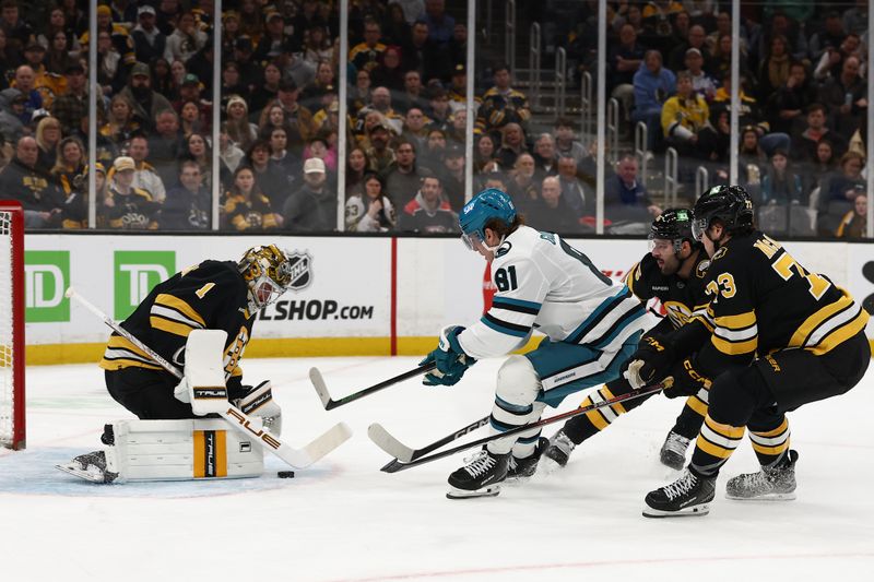 Mar 12, 2026; Boston, Massachusetts, USA; Boston Bruins goaltender Jeremy Swayman (1) stops San Jose Sharks right wing Adam Gaudette (81) in front during the first period at TD Garden. Mandatory Credit: Winslow Townson-Imagn Images