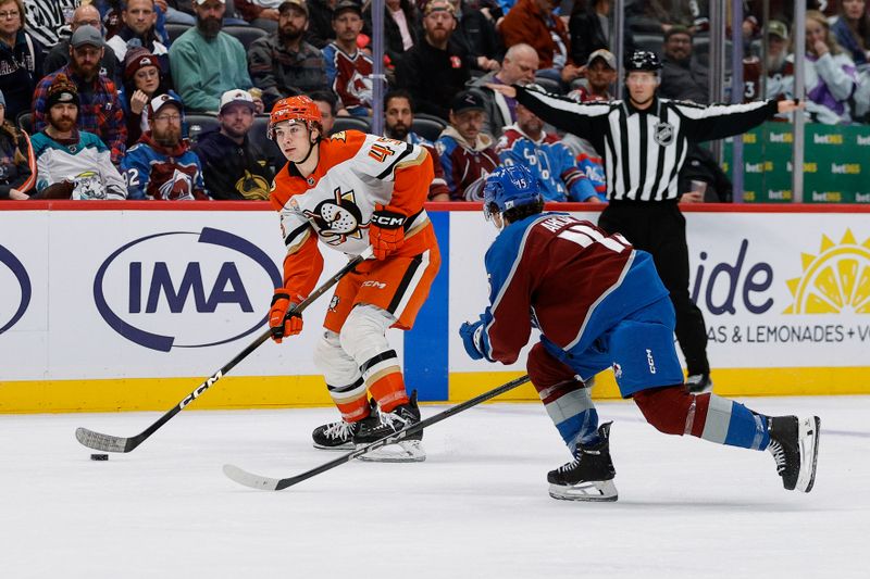 Nov 11, 2025; Denver, Colorado, USA; Anaheim Ducks right wing Beckett Sennecke (45) controls the puck as Colorado Avalanche defenseman Jack Ahcan (15) defends in the third period at Ball Arena. Mandatory Credit: Isaiah J. Downing-Imagn Images