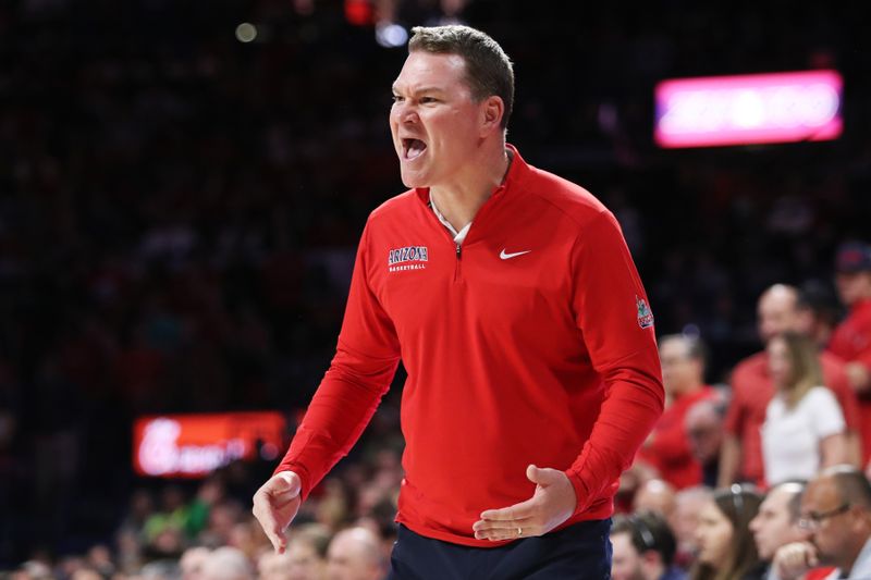 Feb 2, 2023; Tucson, Arizona, USA; Arizona Wildcats head coach Tommy Lloyd reacts on the sideline in the second half at McKale Center. Mandatory Credit: Zachary BonDurant-USA TODAY Sports