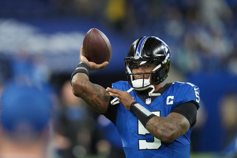 Indianapolis Colts quarterback Anthony Richardson throws during pregame of an NFL football game against the Detroit Lions, Sunday, Nov. 24, 2024, in Indianapolis. (AP Photo/AJ Mast)