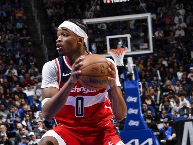 ORLANDO, FL - FEBRUARY 23:  Bilal Coulibaly #0 of the Washington Wizards handles the ball during the game against the Orlando Magic on February 23, 2025 at Kia Center in Orlando, Florida. NOTE TO USER: User expressly acknowledges and agrees that, by downloading and or using this photograph, User is consenting to the terms and conditions of the Getty Images License Agreement. Mandatory Copyright Notice: Copyright 2025 NBAE (Photo by Fernando Medina/NBAE via Getty Images)