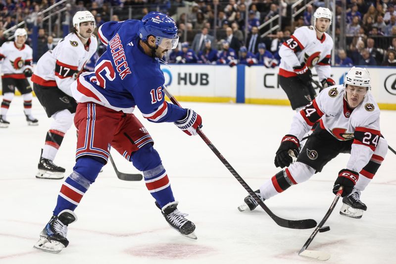 Nov 1, 2024; New York, New York, USA;  New York Rangers center Vincent Trocheck (16) shoots the puck past Ottawa Senators defenseman Jacob Bernard-Docker (24) in the second period at Madison Square Garden. Mandatory Credit: Wendell Cruz-Imagn Images