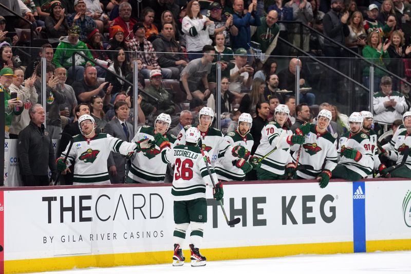 Mar 12, 2023; Tempe, Arizona, USA; Minnesota Wild right wing Mats Zuccarello (36) celebrates a goal against the Arizona Coyotes during the first period at Mullett Arena. Mandatory Credit: Joe Camporeale-USA TODAY Sports