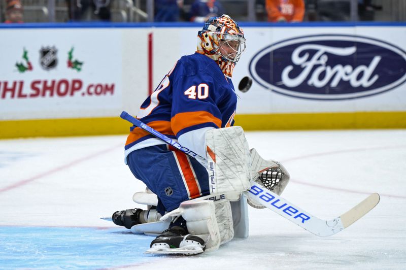 Dec 7, 2023; Elmont, New York, USA; New York Islanders goaltender Semyon Varlamov (40) warms up prior to a game against the Columbus Blue Jackets at UBS Arena. Mandatory Credit: John Jones-USA TODAY Sports