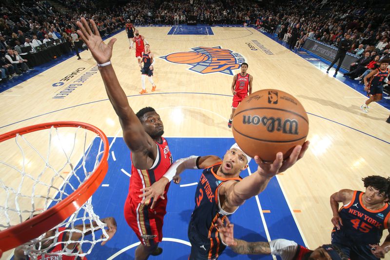 NEW YORK, NY - FEBRUARY 27:  Josh Hart #3 of the New York Knicks goes to the basket during the game on February 27, 2024 at Madison Square Garden in New York City, New York.  NOTE TO USER: User expressly acknowledges and agrees that, by downloading and or using this photograph, User is consenting to the terms and conditions of the Getty Images License Agreement. Mandatory Copyright Notice: Copyright 2024 NBAE  (Photo by Nathaniel S. Butler/NBAE via Getty Images)