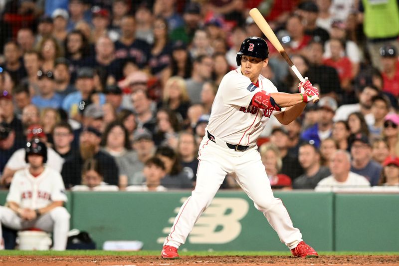 Aug 27, 2024; Boston, Massachusetts, USA; Boston Red Sox left fielder Masataka Yoshida (7) bats against the Toronto Blue Jays during the fifth inning at Fenway Park. Mandatory Credit: Brian Fluharty-USA TODAY Sports