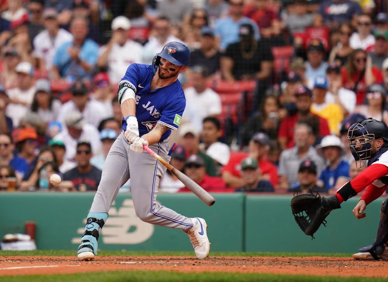 Aug 26, 2024; Boston, Massachusetts, USA; Toronto Blue Jays second baseman Spencer Horwitz (48) gets a hit against the Boston Red Sox in the eighth inning at Fenway Park. Mandatory Credit: David Butler II-USA TODAY Sports