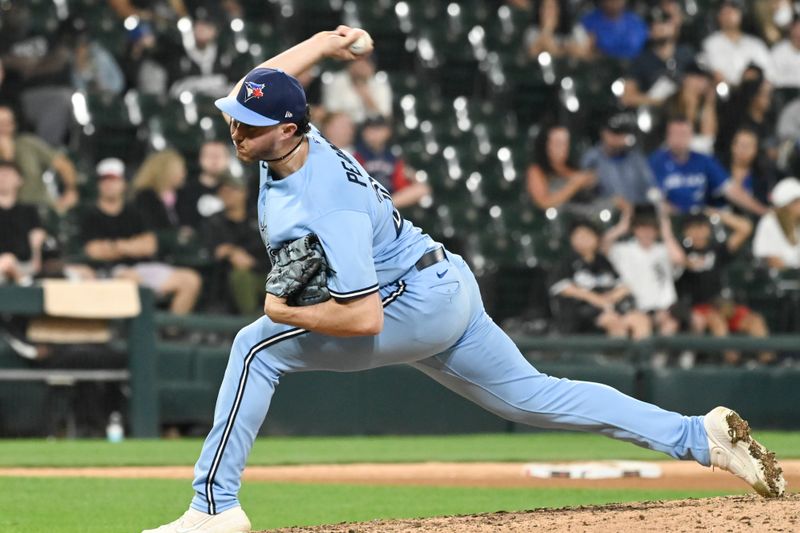 Jul 6, 2023; Chicago, Illinois, USA;  Toronto Blue Jays relief pitcher Nate Pearson (24) delivers against the Chicago White Sox during the ninth inning at Guaranteed Rate Field. Mandatory Credit: Matt Marton-USA TODAY Sports