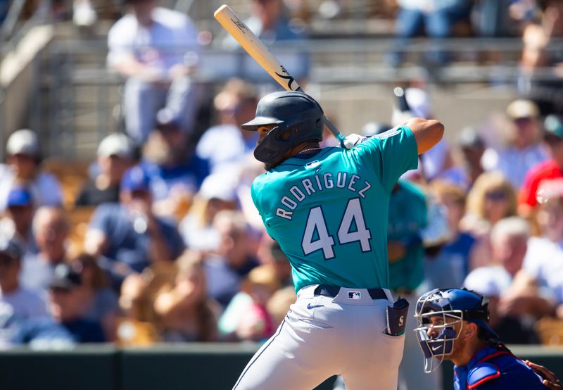 Mar 13, 2024; Phoenix, Arizona, USA; Seattle Mariners outfielder Julio Rodriguez against the Los Angeles Dodgers during a spring training game at Camelback Ranch-Glendale. Mandatory Credit: Mark J. Rebilas-USA TODAY Sports