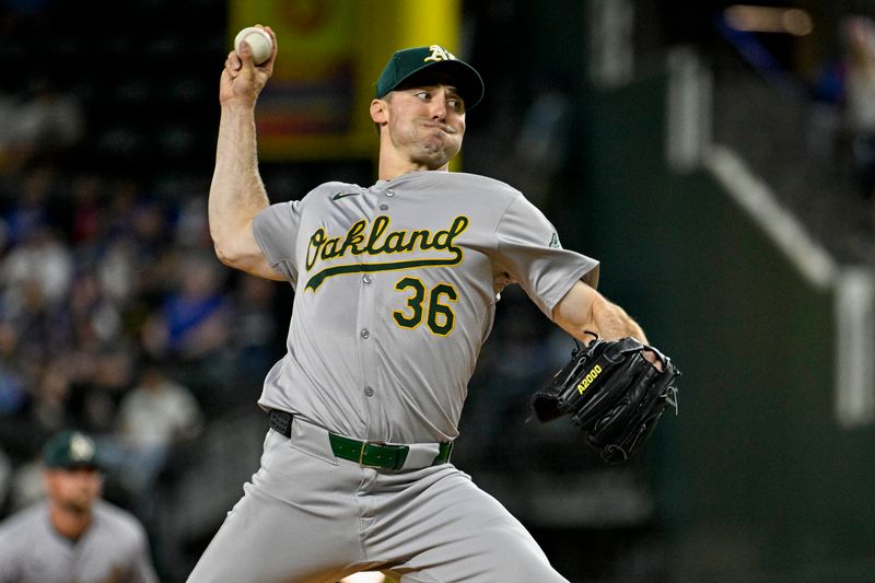 Apr 10, 2024; Arlington, Texas, USA; Oakland Athletics starting pitcher Ross Stripling (36) pitches against the Texas Rangers during the first inning at Globe Life Field. Mandatory Credit: Jerome Miron-USA TODAY Sports