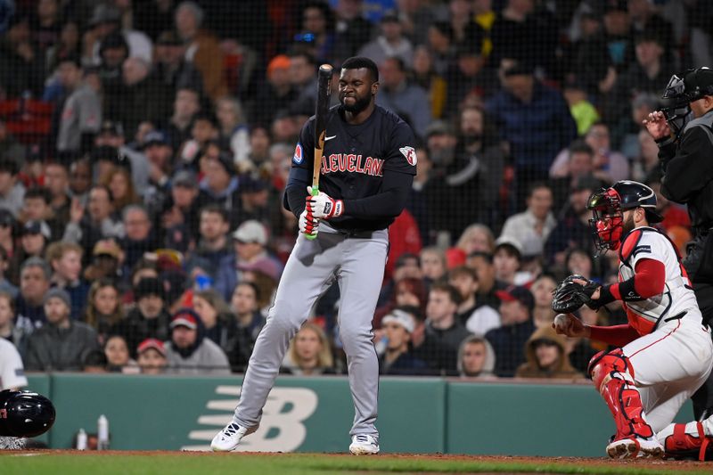 Apr 17, 2024; Boston, Massachusetts, USA; Cleveland Guardians center fielder Estevan Florial (90) reacts to striking out during the eighth inning against the Boston Red Sox at Fenway Park. Mandatory Credit: Eric Canha-USA TODAY Sports