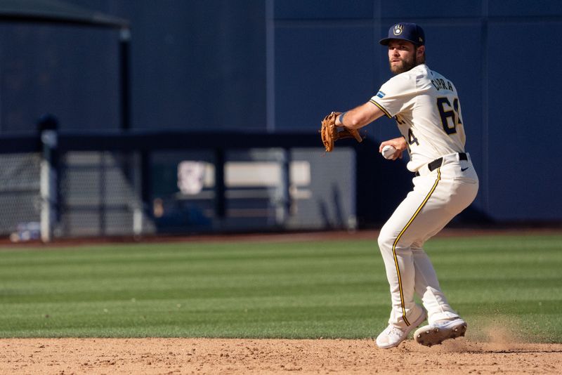 Mar 2, 2024; Phoenix, Arizona, USA; Milwaukee Brewers infielder Vinny Capra (64) throws the ball to first in the eighth during a spring training game against the Los Angeles Dodgers at American Family Fields of Phoenix. Mandatory Credit: Allan Henry-USA TODAY Sports