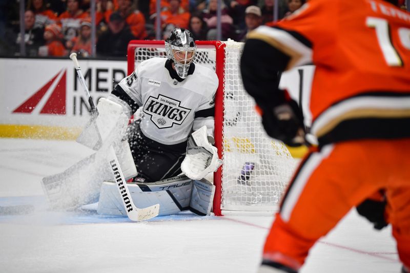 Nov 28, 2025; Anaheim, California, USA; Los Angeles Kings goaltender Darcy Kuemper (35) defends the goal against the Anaheim Ducks during the second period at Honda Center. Mandatory Credit: Gary A. Vasquez-Imagn Images
