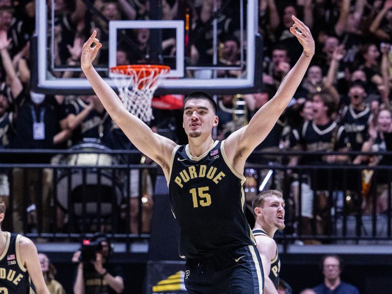 Feb 10, 2024; West Lafayette, Indiana, USA; Purdue Boilermakers center Zach Edey (15) celebrates a made basket in the second half against the Indiana Hoosiers at Mackey Arena. Mandatory Credit: Trevor Ruszkowski-USA TODAY Sports