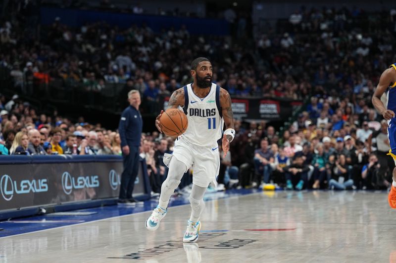 DALLAS, TX - MARCH 13: Kyrie Irving #11 of the Dallas Mavericks handles the ball during the game against the Golden State Warriors on March 13, 2024 at the American Airlines Center in Dallas, Texas. NOTE TO USER: User expressly acknowledges and agrees that, by downloading and or using this photograph, User is consenting to the terms and conditions of the Getty Images License Agreement. Mandatory Copyright Notice: Copyright 2024 NBAE (Photo by Glenn James/NBAE via Getty Images)