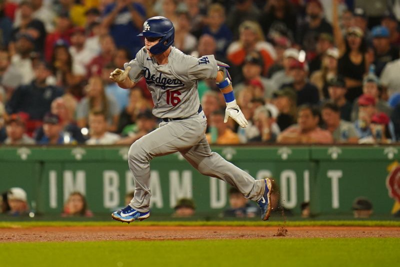 Aug 25, 2023; Boston, Massachusetts, USA; Los Angeles Dodgers catcher Will Smith (16) hits a double to drive in a run against the Boston Red Sox in the sixth inning at Fenway Park. Mandatory Credit: David Butler II-USA TODAY Sports