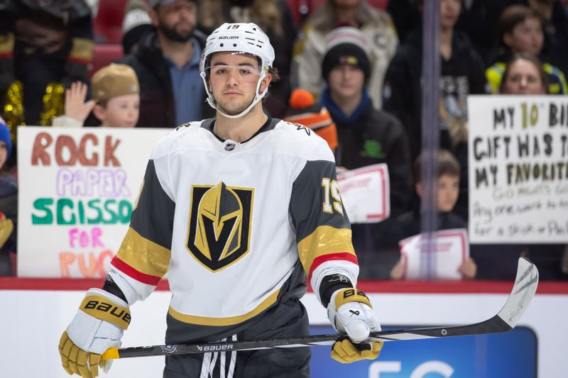 Feb 24, 2024; Ottawa, Ontario, CAN; Vegas Golden Knights center Brendan Brisson (19) during warmup prior to game against the Ottawa Senators at the Canadian Tire Centre. Mandatory Credit: Marc DesRosiers-USA TODAY Sports