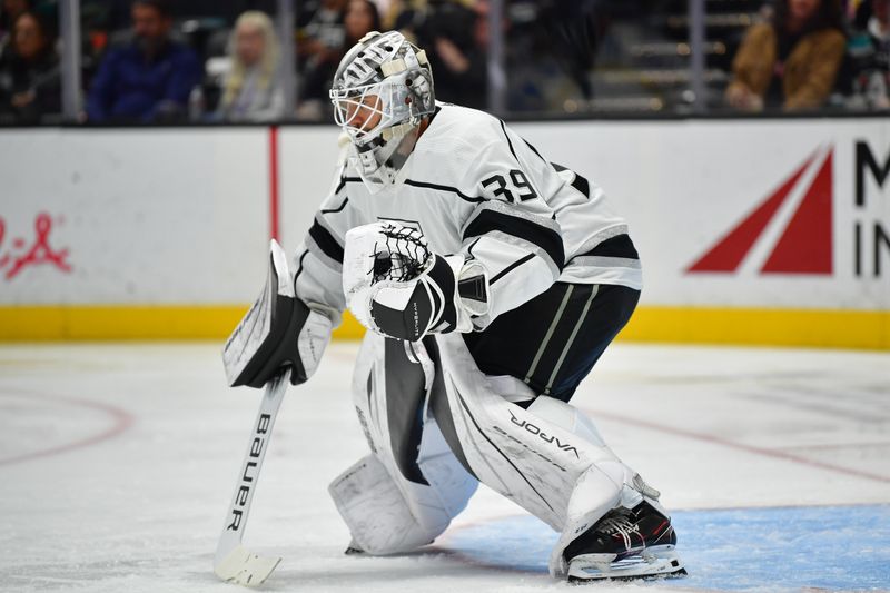 Nov 24, 2023; Anaheim, California, USA; Los Angeles Kings goaltender Cam Talbot (39) defends the goal against the Anaheim Ducks during the second period at Honda Center. Mandatory Credit: Gary A. Vasquez-USA TODAY Sports