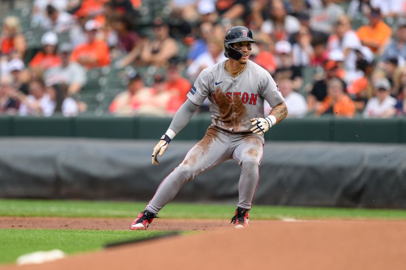 Aug 18, 2024; Baltimore, Maryland, USA; Boston Red Sox outfielder Jarren Duran (16) takes a lead off of first base during the first inning against the Baltimore Orioles at Oriole Park at Camden Yards. Mandatory Credit: Reggie Hildred-USA TODAY Sports