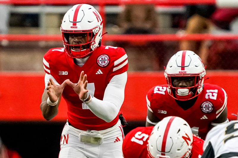 Oct 28, 2023; Lincoln, Nebraska, USA; Nebraska Cornhuskers quarterback Jeff Sims (7) waits for the snap against the Purdue Boilermakers during the fourth quarter at Memorial Stadium. Mandatory Credit: Dylan Widger-USA TODAY Sports