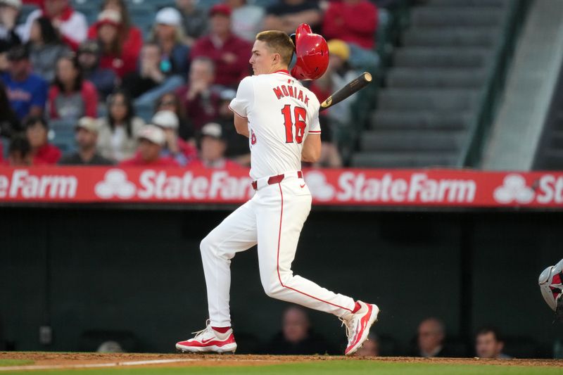 Apr 30, 2024; Anaheim, California, USA; Los Angeles Angels outfielder Mickey Moniak (16) bats in the second inning against the Philadelphia Phillies  at Angel Stadium. Mandatory Credit: Kirby Lee-USA TODAY Sports