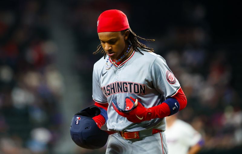 Apr 30, 2024; Arlington, Texas, USA;  Washington Nationals shortstop CJ Abrams (5) reacts during the ninth inning against the Texas Rangers at Globe Life Field. Mandatory Credit: Kevin Jairaj-USA TODAY Sports