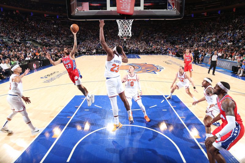 NEW YORK, NY - APRIL 20:  Cameron Payne #22 of the Philadelphia 76ers goes to the basket during the game against the New York Knicks during Round 1 Game 1 of the 2024 NBA Playoffs on April 20, 2024 at Madison Square Garden in New York City, New York.  NOTE TO USER: User expressly acknowledges and agrees that, by downloading and or using this photograph, User is consenting to the terms and conditions of the Getty Images License Agreement. Mandatory Copyright Notice: Copyright 2024 NBAE  (Photo by Nathaniel S. Butler/NBAE via Getty Images)