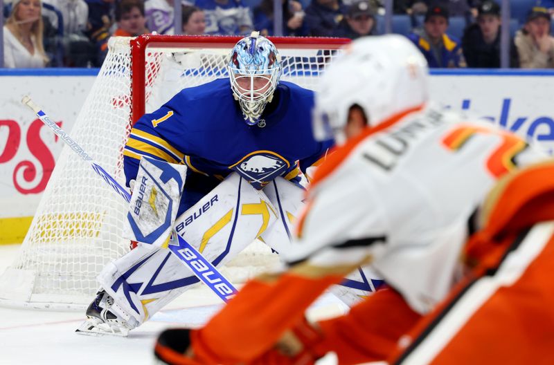 Feb 25, 2025; Buffalo, New York, USA;  Buffalo Sabres goaltender Ukko-Pekka Luukkonen (1) looks for the puck during the third period against the Anaheim Ducks at KeyBank Center. Mandatory Credit: Timothy T. Ludwig-Imagn Images