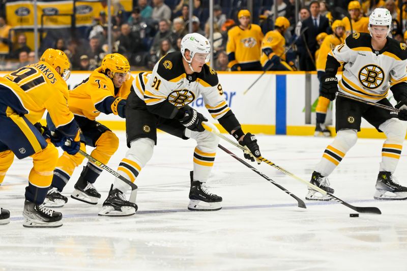 Oct 22, 2024; Nashville, Tennessee, USA;  Boston Bruins defenseman Nikita Zadorov (91) skates as Nashville Predators right wing Luke Evangelista (77) pokes at the puck during the second period at Bridgestone Arena. Mandatory Credit: Steve Roberts-Imagn Images