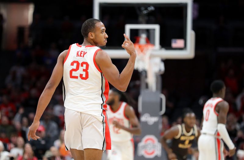 Nov 19, 2023; Columbus, Ohio, USA; Ohio State Buckeyes forward Zed Key (23) celebrates his three point basket during the first half against the Western Michigan Broncos at Value City Arena. Mandatory Credit: Joseph Maiorana-USA TODAY Sports