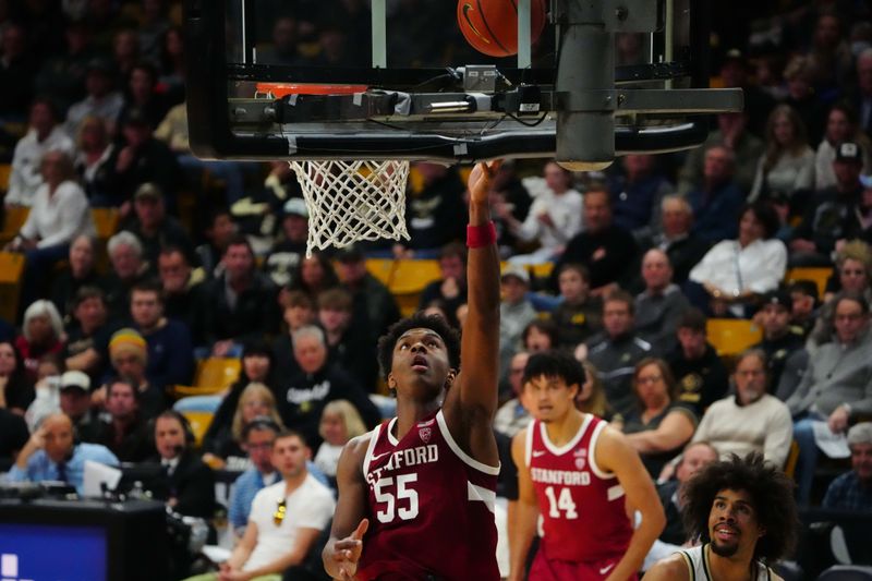 Feb 5, 2023; Boulder, Colorado, USA; Stanford Cardinal forward Harrison Ingram (55) shoots the ball in the first half against the Colorado Buffaloes at the CU Events Center. Mandatory Credit: Ron Chenoy-USA TODAY Sports