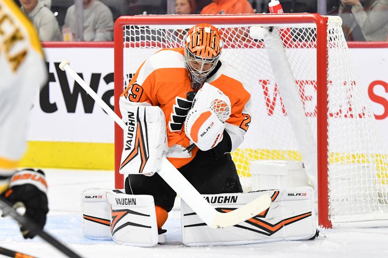 Sep 24, 2022; Philadelphia, Pennsylvania, USA; Philadelphia Flyers goaltender Troy Grosenick (29) makes a save against the Boston Bruins during the third period at Wells Fargo Center. Mandatory Credit: Eric Hartline-USA TODAY Sports