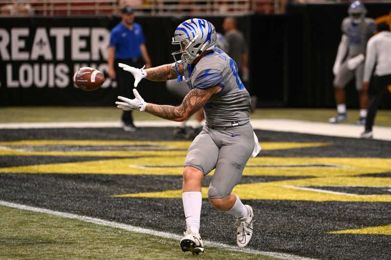 Sep 23, 2023; St. Louis, Missouri, USA; Memphis Tigers tight end Anthony Landphere (82) makes a catch during warm up prior to a game against the Missouri Tigers at The Dome at America's Center. Mandatory Credit: Joe Puetz-USA TODAY Sports