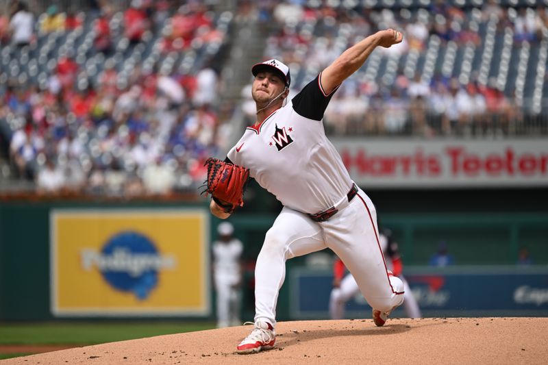 Sep 1, 2024; Washington, District of Columbia, USA; Washington Nationals starting pitcher Mitchell Parker (70) throws a pitch against the Chicago Cubs during the first inning at Nationals Park. Mandatory Credit: Rafael Suanes-USA TODAY Sports