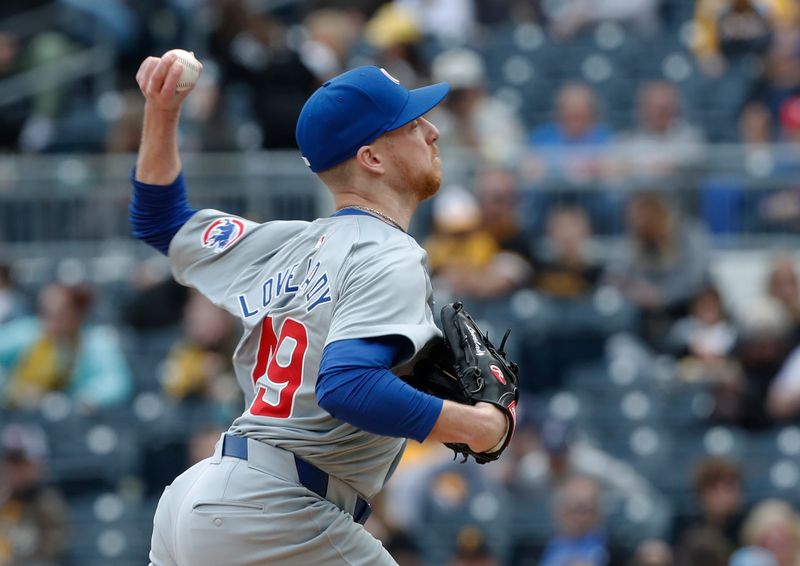 May 12, 2024; Pittsburgh, Pennsylvania, USA;  Chicago Cubs relief pitcher Richard Lovelady (49) pitches against the Pittsburgh Pirates during the sixth inning at PNC Park. Mandatory Credit: Charles LeClaire-USA TODAY Sports