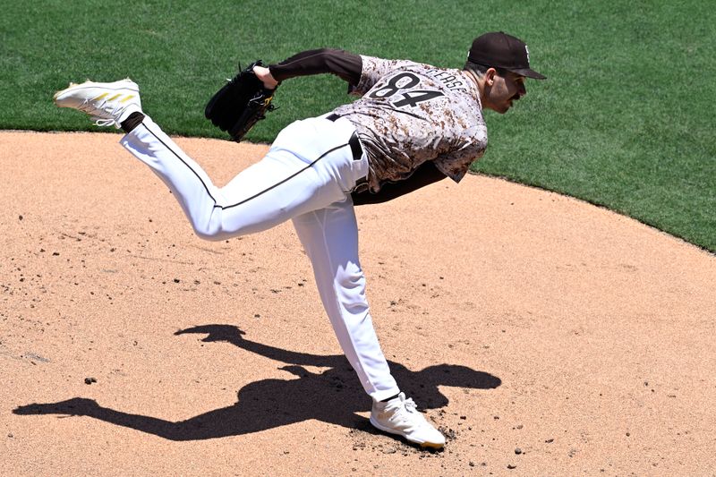 Jul 7, 2024; San Diego, California, USA; San Diego Padres starting pitcher Dylan Cease (84) pitches against the Arizona Diamondbacks during the first inning at Petco Park. Mandatory Credit: Orlando Ramirez-USA TODAY Sports