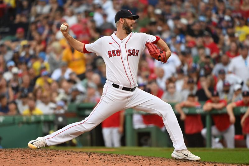Aug 26, 2023; Boston, Massachusetts, USA; Boston Red Sox relief pitcher Chris Martin (55) pitches during the eighth inning against the Los Angeles Dodgers at Fenway Park. Mandatory Credit: Bob DeChiara-USA TODAY Sports