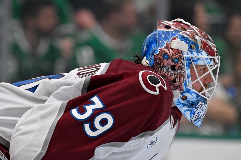 Apr 28, 2025; Dallas, Texas, USA; Colorado Avalanche goaltender Mackenzie Blackwood (39) looks on before the second period against the Dallas Stars in game five of the first round of the 2025 Stanley Cup Playoffs at American Airlines Center. Mandatory Credit: Jerome Miron-Imagn Images