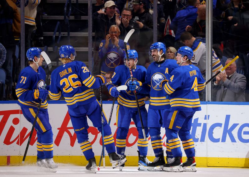 Nov 14, 2024; Buffalo, New York, USA;  Buffalo Sabres right wing Alex Tuch (89) celebrates his goal with teammates during the third period against the St. Louis Blues at KeyBank Center. Mandatory Credit: Timothy T. Ludwig-Imagn Images