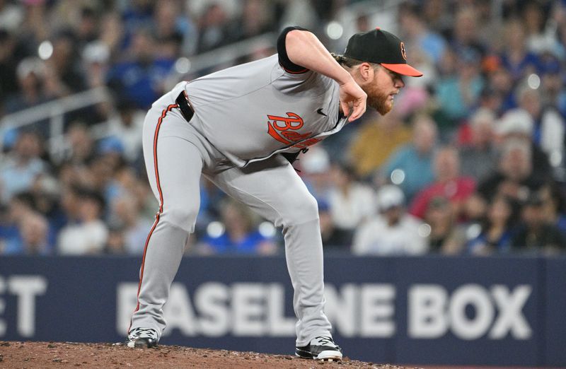 Jun 5, 2024; Toronto, Ontario, CAN;  Baltimore Orioles relief pitcher Craig Kimbrel (46) prepares to pitch against the Toronto Blue Jays in the ninth inning at Rogers Centre. Mandatory Credit: Dan Hamilton-USA TODAY Sports 