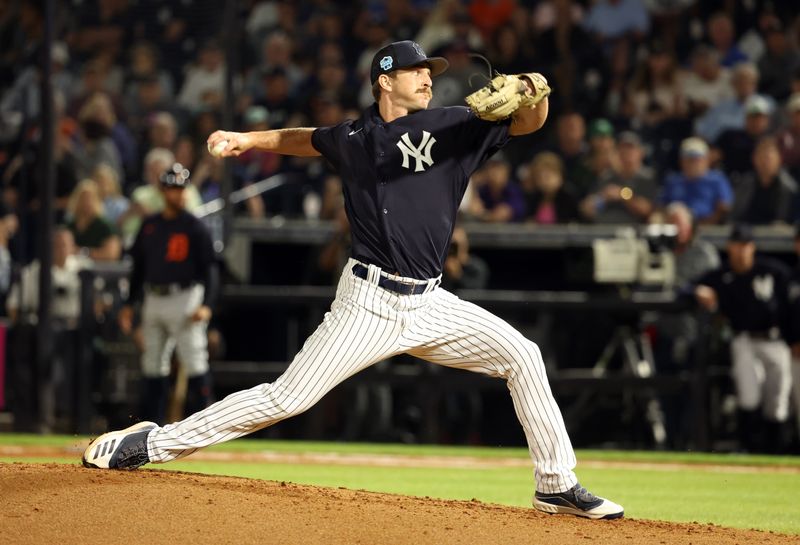 Feb 27, 2023; Tampa, Florida, USA;  New York Yankees pitcher Aaron McGarity (57) throws a pitch during the third inning against the Detroit Tigers at George M. Steinbrenner Field. Mandatory Credit: Kim Klement-USA TODAY Sports