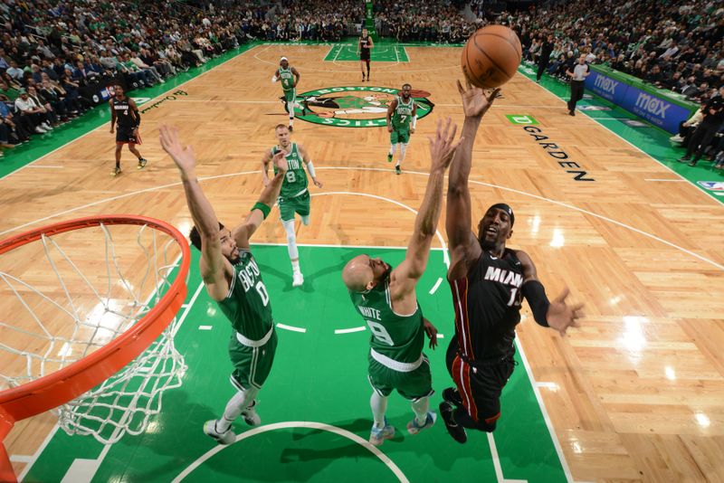 BOSTON, MA - APRIL 24: Bam Adebayo #13 of the Miami Heat goes to the basket during the game against the Boston Celtics during Round 1 Game 2 of the 2024 NBA Playoffs on April 24, 2024 at the TD Garden in Boston, Massachusetts. NOTE TO USER: User expressly acknowledges and agrees that, by downloading and or using this photograph, User is consenting to the terms and conditions of the Getty Images License Agreement. Mandatory Copyright Notice: Copyright 2024 NBAE  (Photo by Brian Babineau/NBAE via Getty Images)