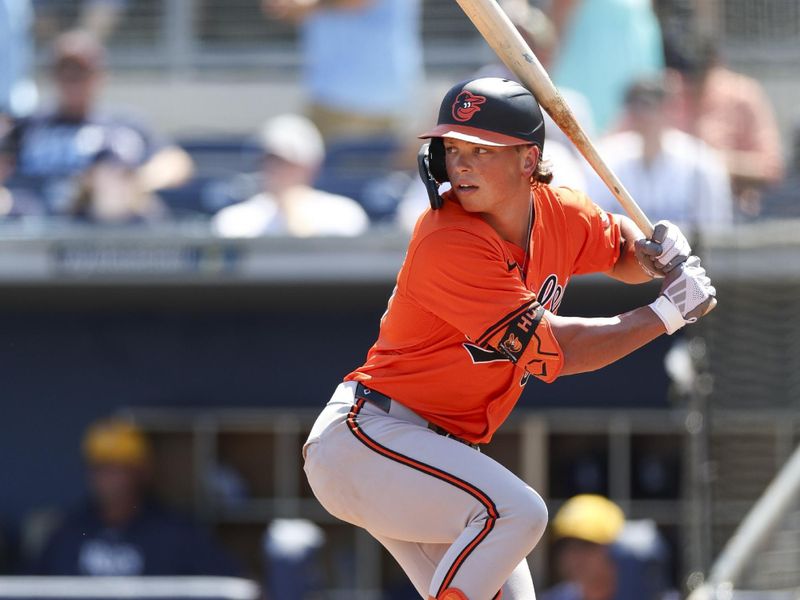 Mar 15, 2024; Port Charlotte, Florida, USA;  Baltimore Orioles shortstop Jackson Holliday (87) at bat against the Tampa Bay Rays in the fourth inning at Charlotte Sports Park. Mandatory Credit: Nathan Ray Seebeck-USA TODAY Sports