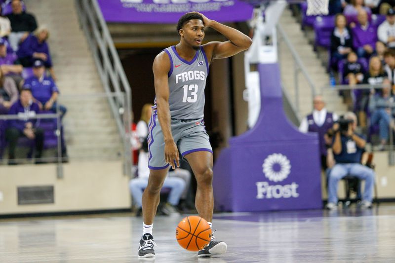 Jan 7, 2023; Fort Worth, Texas, USA; TCU Horned Frogs guard Shahada Wells (13) calls out the play as he comes up the court during the first half against the Iowa State Cyclones at Ed and Rae Schollmaier Arena. Mandatory Credit: Andrew Dieb-USA TODAY Sports