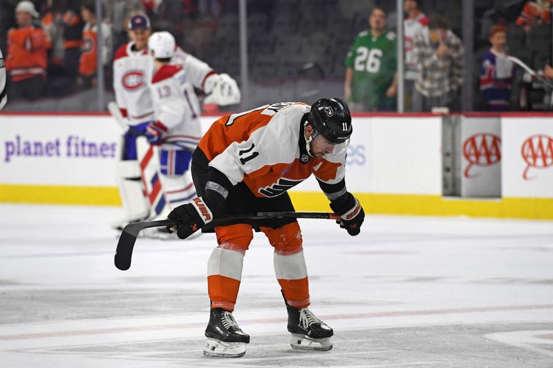 Oct 27, 2024; Philadelphia, Pennsylvania, USA; Philadelphia Flyers right wing Travis Konecny (11) reacts after loss to Montreal Canadiens at Wells Fargo Center. Mandatory Credit: Eric Hartline-Imagn Images