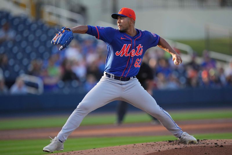 Mar 12, 2024; West Palm Beach, Florida, USA; New York Mets starting pitcher Jose Quintana (62) pitches in the first inning against the Washington Nationals at CACTI Park of the Palm Beaches. Mandatory Credit: Jim Rassol-USA TODAY Sports