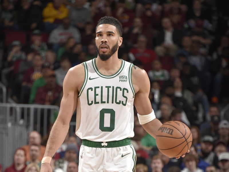 CLEVELAND, OH - MARCH 5: Jayson Tatum #0 of the Boston Celtics dribbles the ball during the game against the Cleveland Cavaliers on March 5, 2024 at Rocket Mortgage FieldHouse in Cleveland, Ohio. NOTE TO USER: User expressly acknowledges and agrees that, by downloading and/or using this Photograph, user is consenting to the terms and conditions of the Getty Images License Agreement. Mandatory Copyright Notice: Copyright 2024 NBAE (Photo by David Liam Kyle/NBAE via Getty Images)