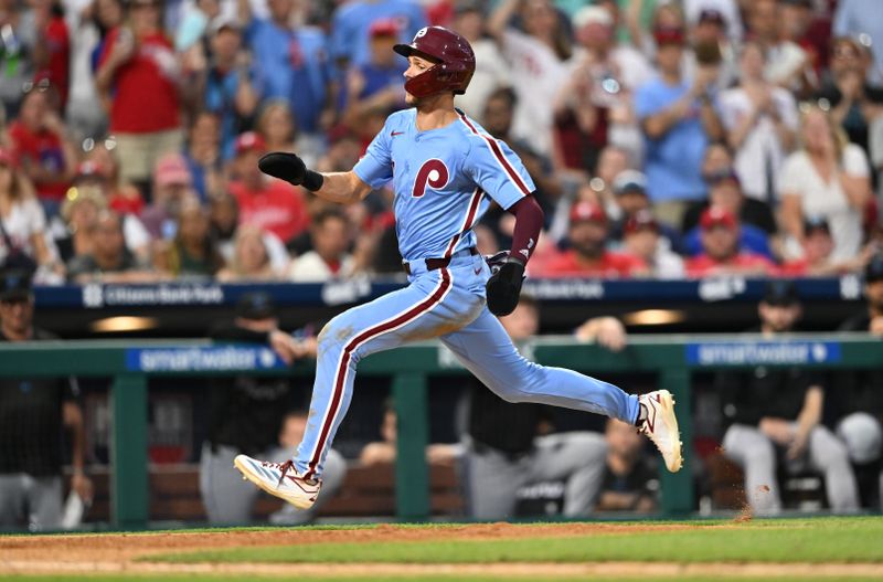 Jun 27, 2024; Philadelphia, Pennsylvania, USA; Philadelphia Phillies shortstop Trea Turner (7) advances home to score against the Miami Marlins in the seventh inning at Citizens Bank Park. Mandatory Credit: Kyle Ross-USA TODAY Sports